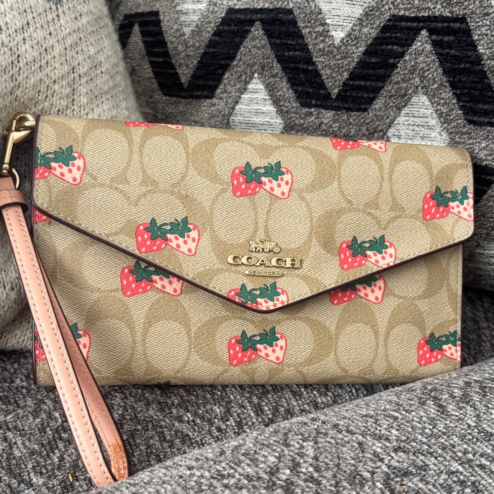 Coach Tan Wristlet with Pink Strawberry Design